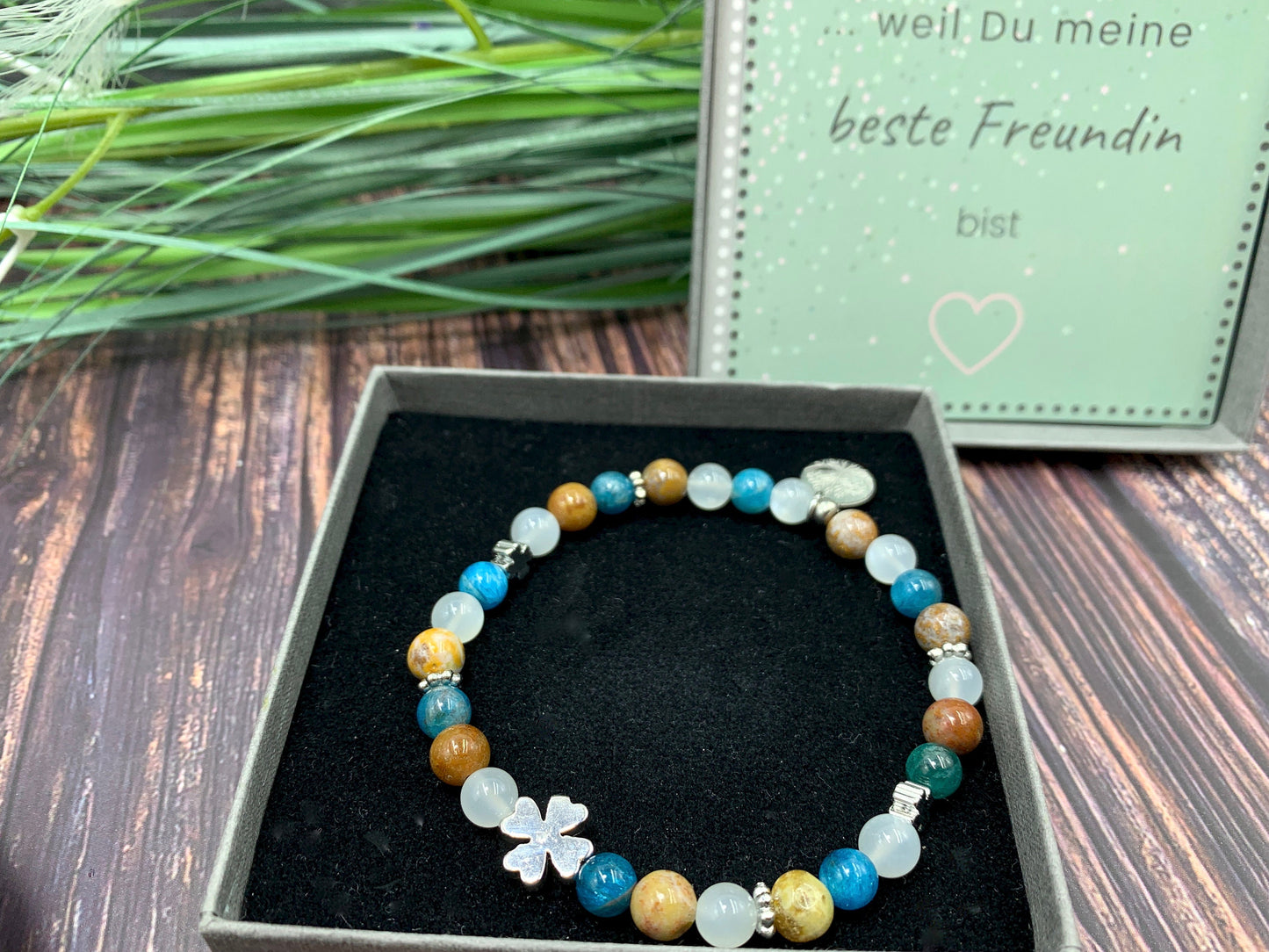 Armband Apatit Versteinertes Holz Mondstein Kleeperlen & Daisyperlen echt Platiniert - Glücksarmband Klarheit Selbstvertrauen Kommunikation