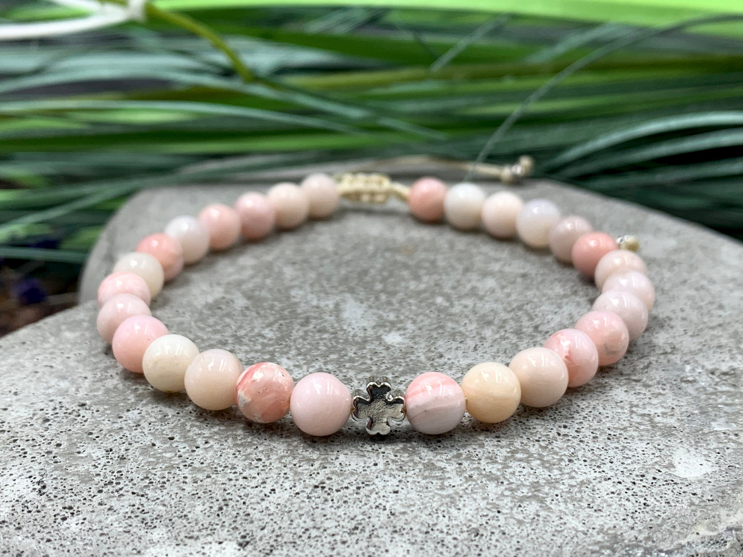 Armband Opal Rosa Makramee - Glückskleeperle echt Platiniert - Perlenarmband Naturstein echt - personalisierbar - viele Edelsteine