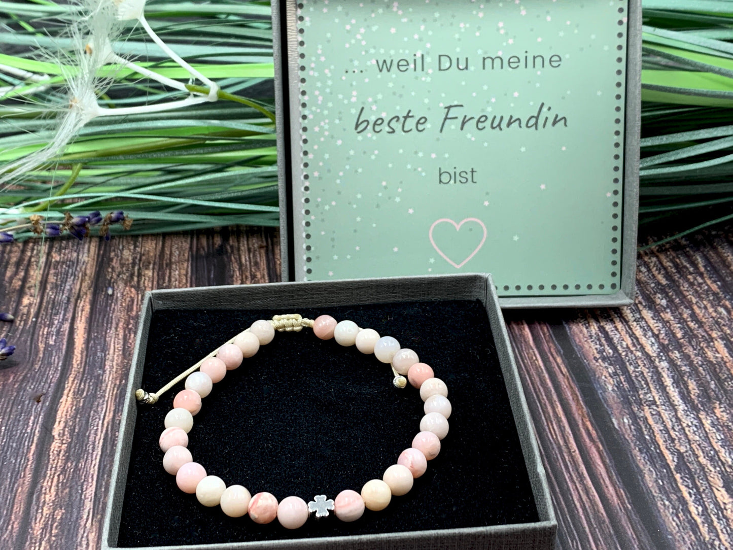 Armband Opal Rosa Makramee - Glückskleeperle echt Platiniert - Perlenarmband Naturstein echt - personalisierbar - viele Edelsteine
