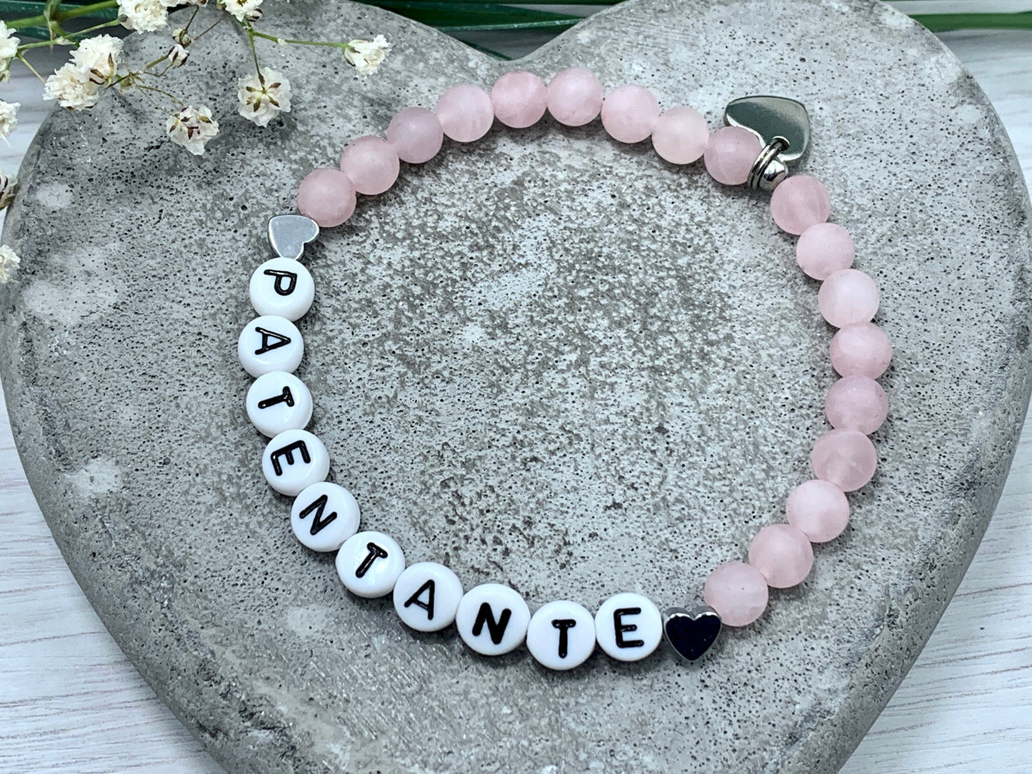 Armband Patentante Rosenquarz  - Geschenk Patin Taufe Andenken Taufe Taufgeschenk Perlenarmband Patenschaft - personalisierbar