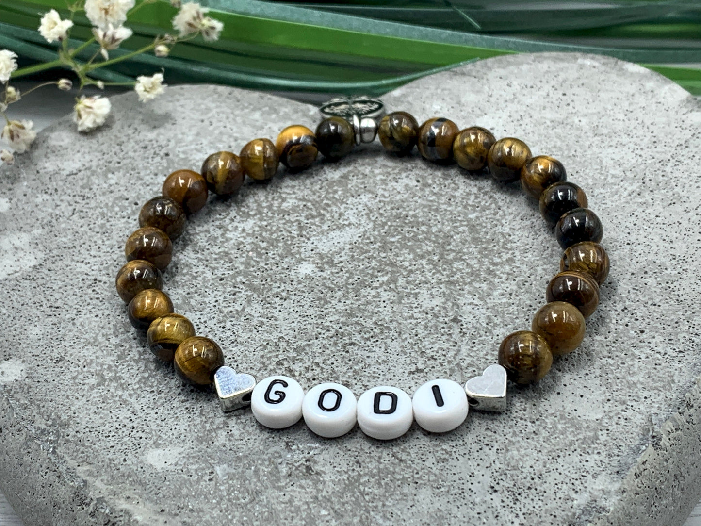 Armband Godi Tigerauge Herz platiniert - Andenken Armband Taufe Taufgeschenk Frage Patentante Patenschaft - personalisierbar Wunschedelstein