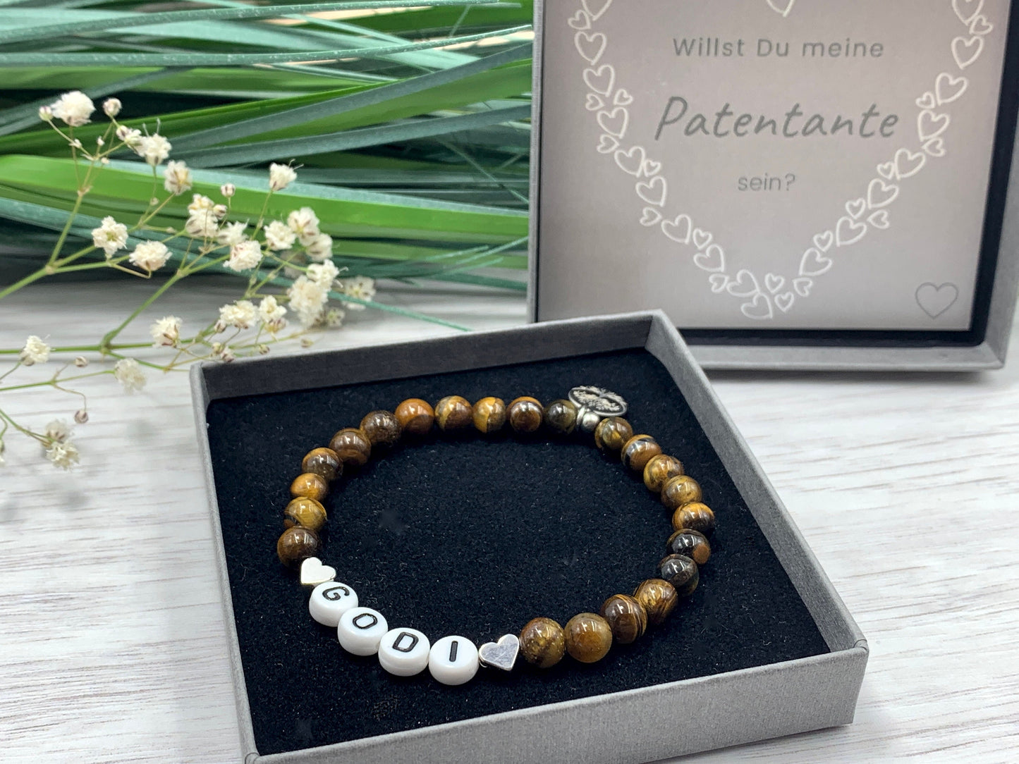 Armband Godi Tigerauge Herz platiniert - Andenken Armband Taufe Taufgeschenk Frage Patentante Patenschaft - personalisierbar Wunschedelstein