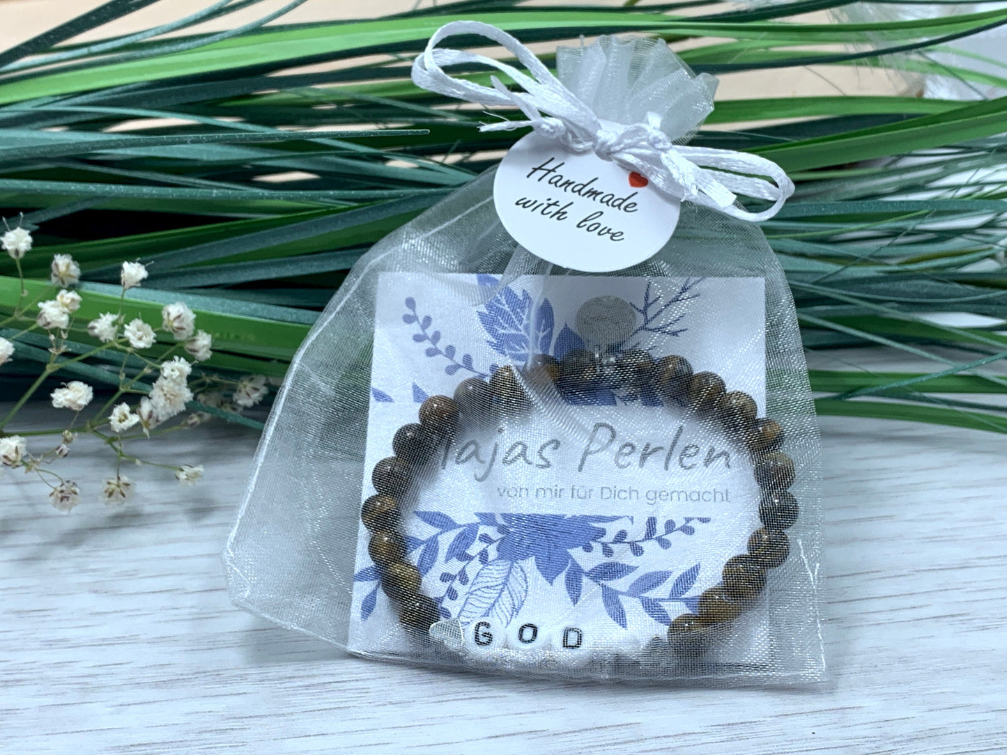 Armband Godi Tigerauge Herz platiniert - Andenken Armband Taufe Taufgeschenk Frage Patentante Patenschaft - personalisierbar Wunschedelstein