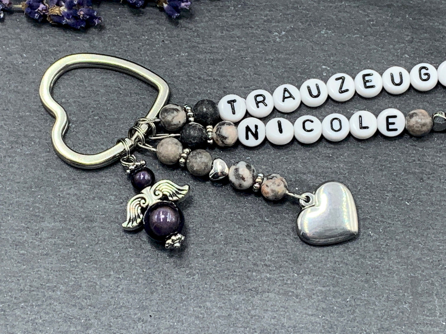Schlüsselanhänger Trauzeugin und Name Zebra Jaspis echt - Herzen platiniert  - Geschenk Brautjungfer Team Braut - Edelstein wählbar