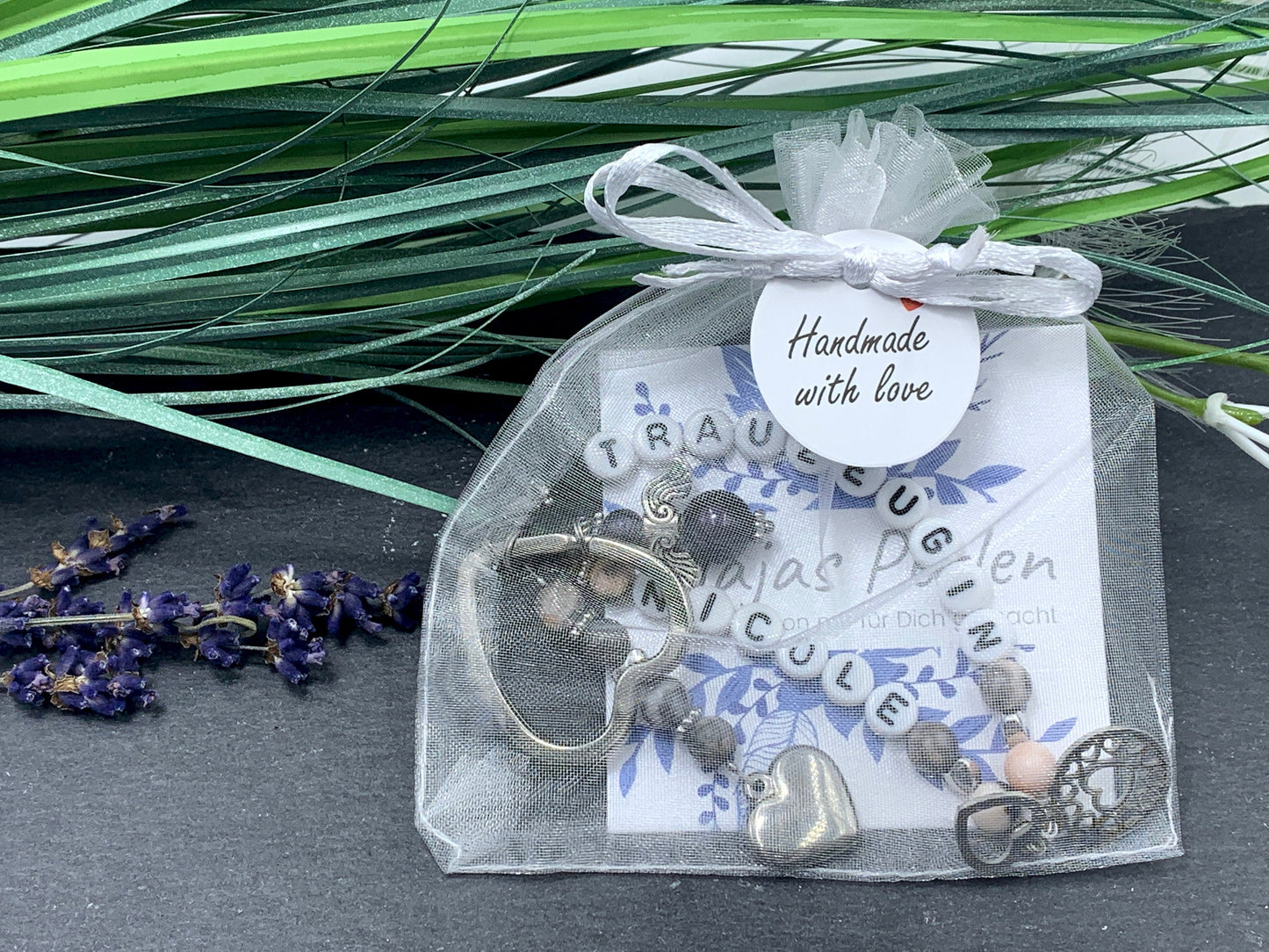 Schlüsselanhänger Trauzeugin und Name Zebra Jaspis echt - Herzen platiniert  - Geschenk Brautjungfer Team Braut - Edelstein wählbar