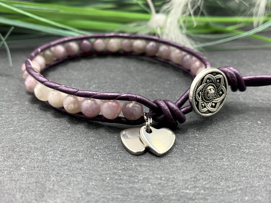 Wickelarmband Lepidolith echter Naturstein und Leder - gewickeltes Bohoarmband -  Geschenk beste Freundin - Wunschedelstein