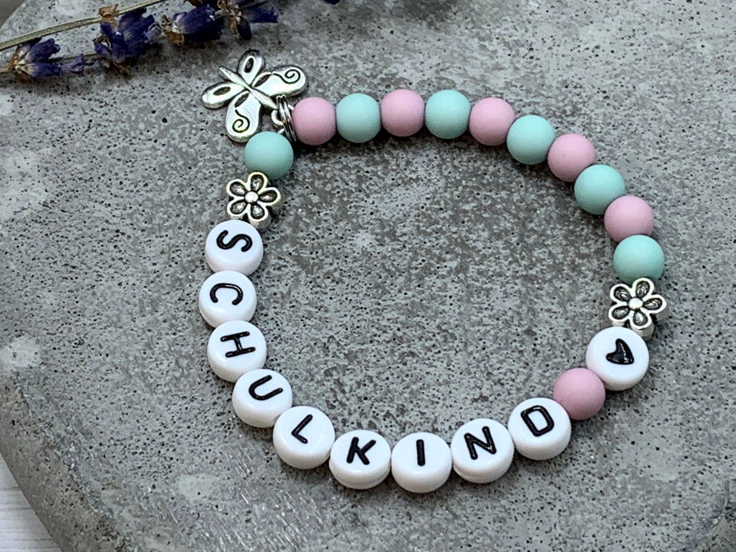 Armband Schulkind Türkis Fliederrosa Acryl - Geschenk Einschulung erster Schultag Geschenk Mädchen - viele Farben - personalisierbar