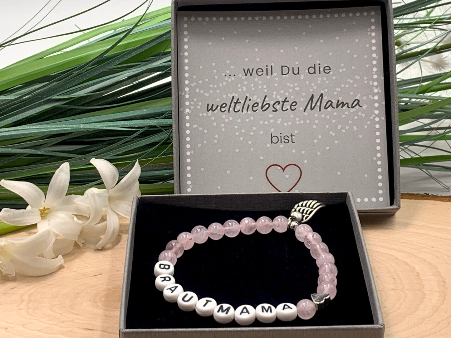 Armband Brautmama Rosenquarz Herz Platiniert - Geschenk Mutter der Braut Brautmutter Bräutigammutter - diverse Edelsteine personalisierbar