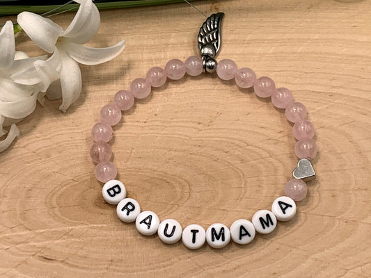 Armband Brautmama Rosenquarz Herz Platiniert - Geschenk Mutter der Braut Brautmutter Bräutigammutter - diverse Edelsteine personalisierbar
