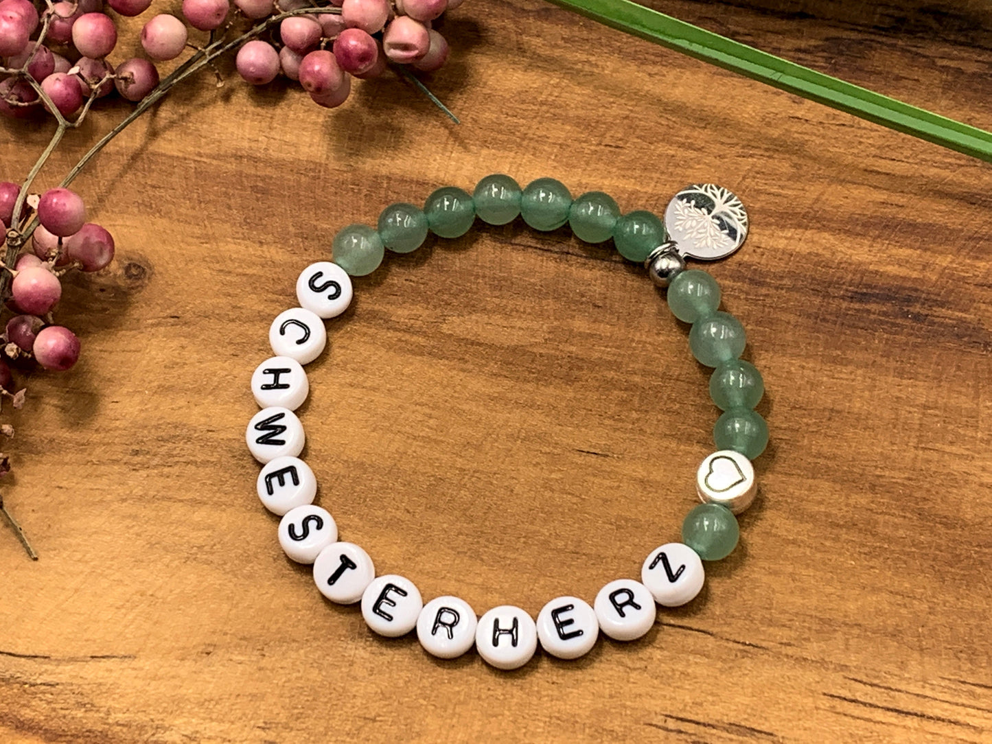 Armband Schwesterherz Aventurin mit DQ Herz - Geschenk Geschwisterkind Bruderherz Seelenschwester -  diverse Edelsteine - personalisierbar