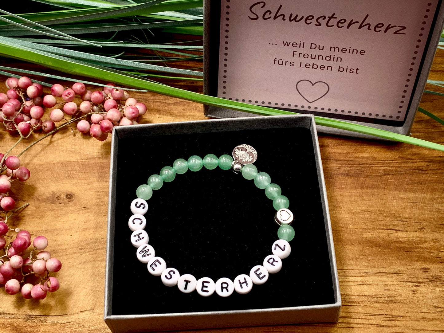 Armband Schwesterherz Aventurin mit DQ Herz - Geschenk Geschwisterkind Bruderherz Seelenschwester -  diverse Edelsteine - personalisierbar
