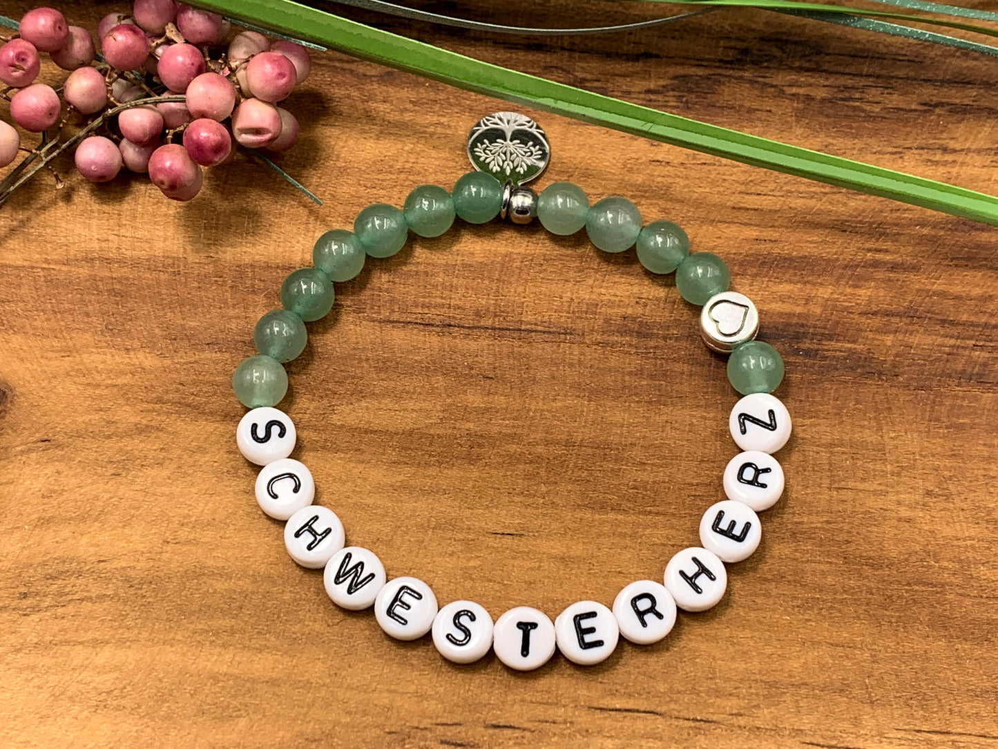 Armband Schwesterherz Aventurin mit DQ Herz - Geschenk Geschwisterkind Bruderherz Seelenschwester -  diverse Edelsteine - personalisierbar
