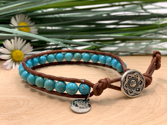 Armband gewickelt Türkis und Leder -Wickelarmband Bohoarmband Lebensbaum - Geschenk Geburtstag Lieblingsmensch - Wunschedelstein