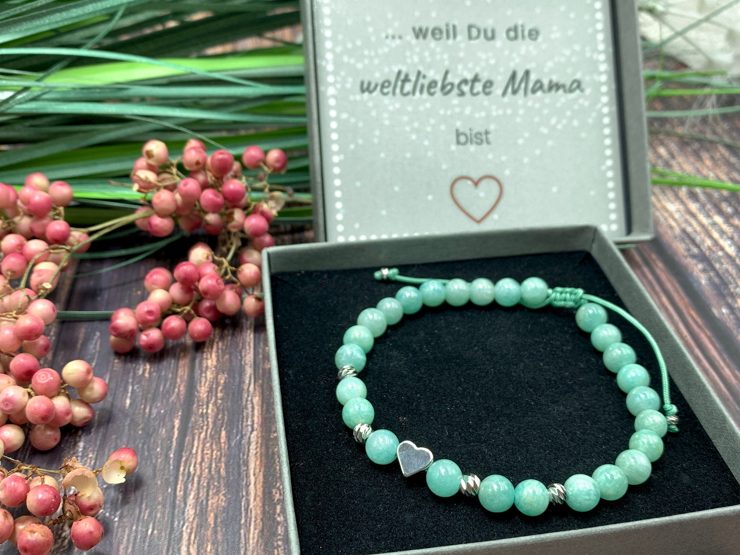 Perlenarmband Amazonit Makramee - Herz Perle echt platiniert - Glücksarmband Kommunikation Herzchakra - personalisierbar - viele Edelsteine