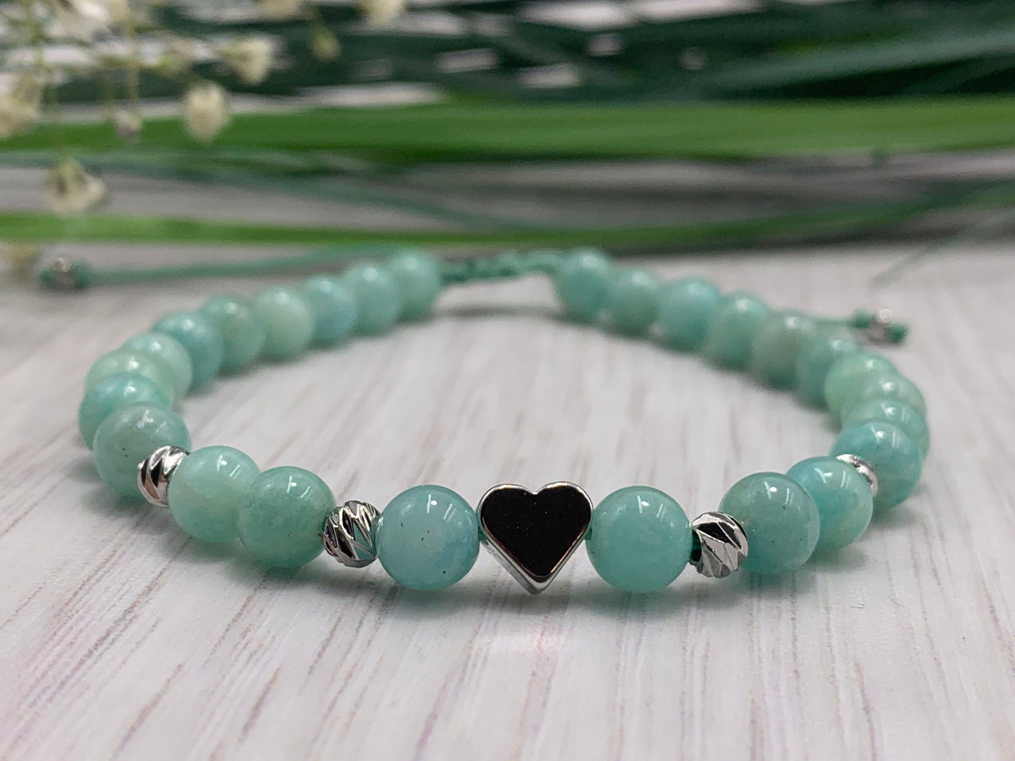 Perlenarmband Amazonit Makramee - Herz Perle echt platiniert - Glücksarmband Kommunikation Herzchakra - personalisierbar - viele Edelsteine