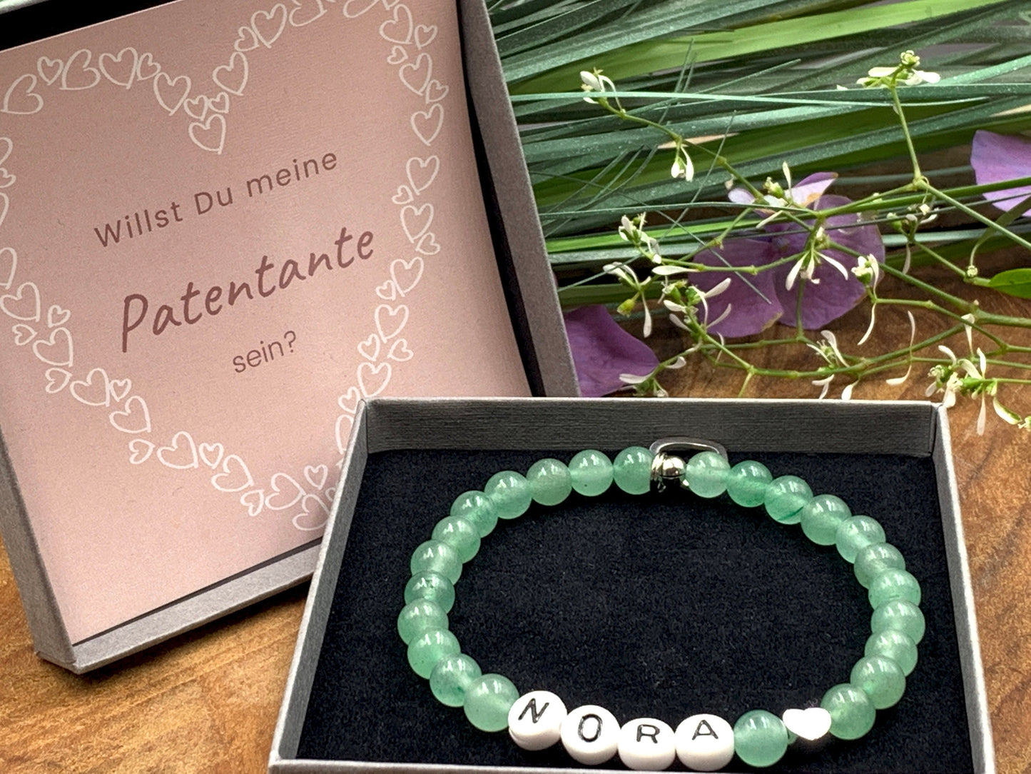 Armband Aventurin Name Nora Herz platiniert - Geschenk Geburt Namensarmband Lieblingsmensch - Wunschedelstein wählbar personalisierbar