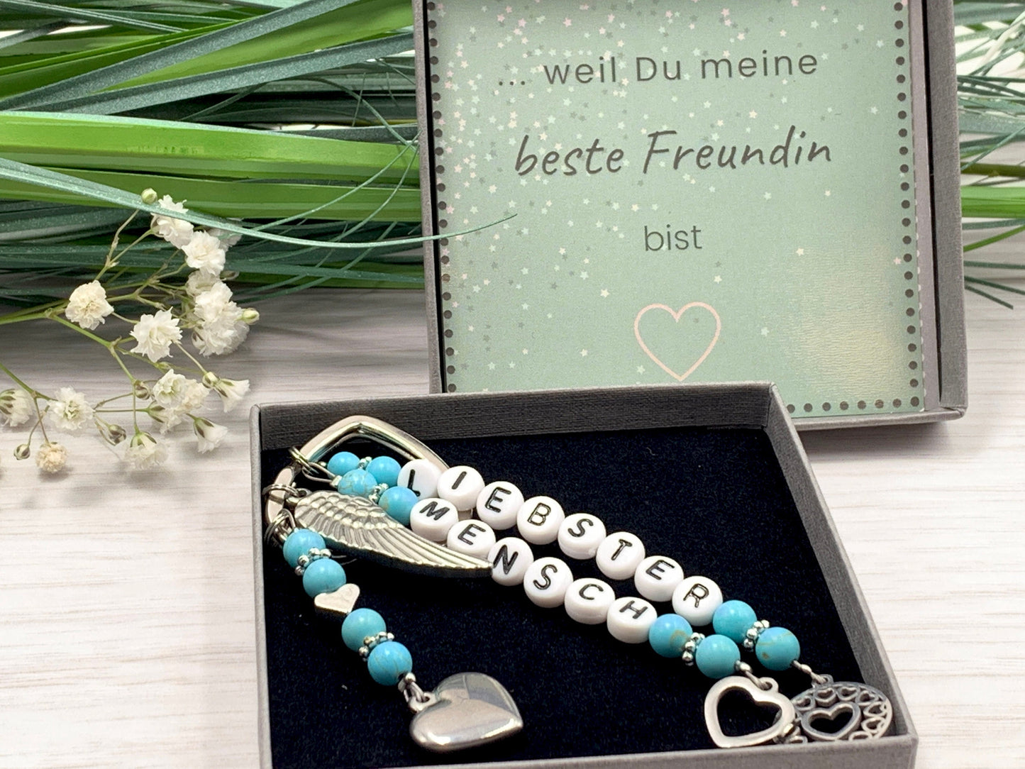 Schlüsselanhänger Liebster Mensch Türkis echte Edelsteine -  Geschenk Lieblingsmnsch Herzensmensch Seelenschwester - personalisierbar