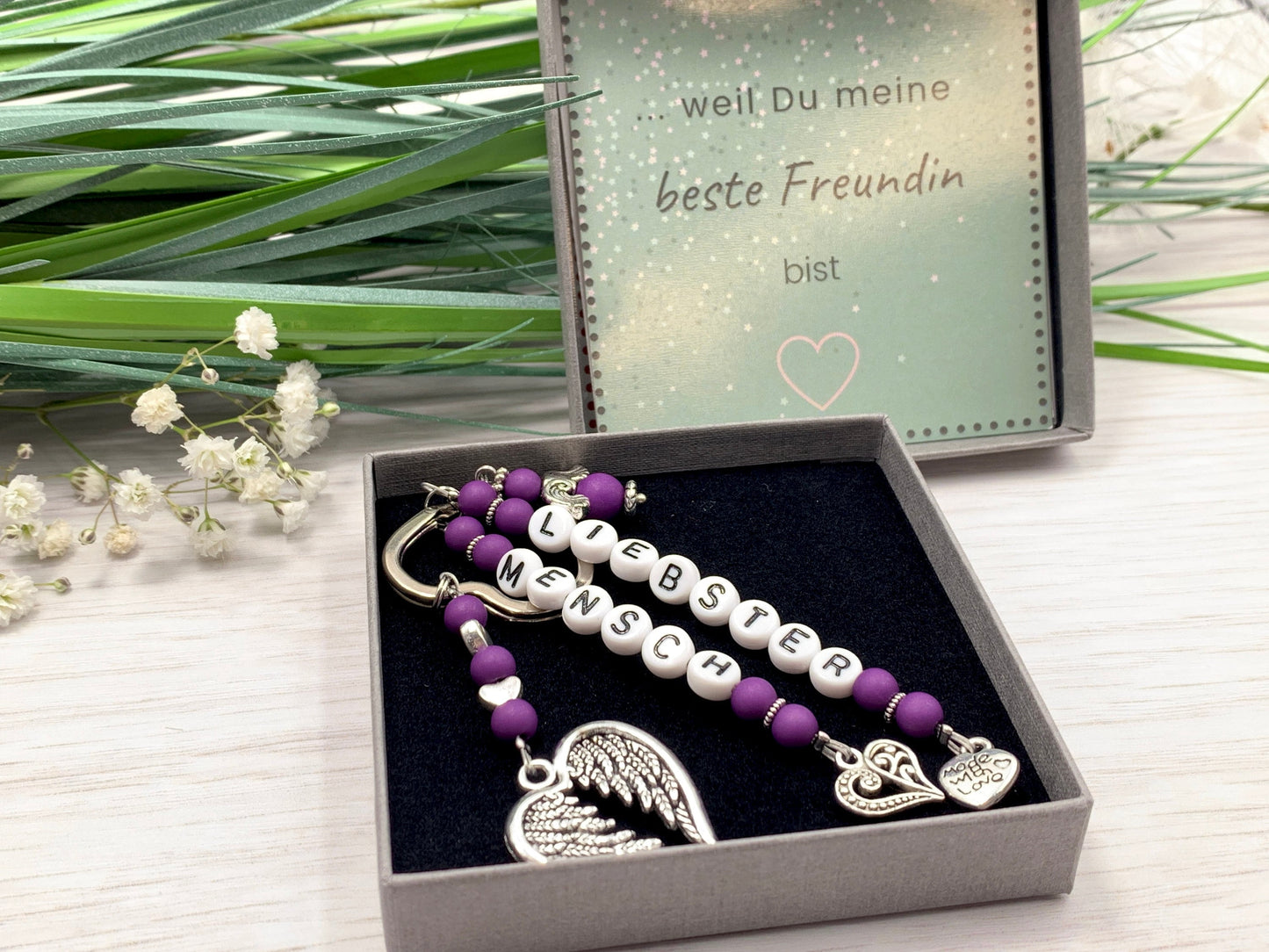 Schlüsselanhänger Liebster Mensch Perlen Acryl Purple - Geschenk Liebe Herzensmensch beste Freundin - personalisierbar - Edelsteine möglich