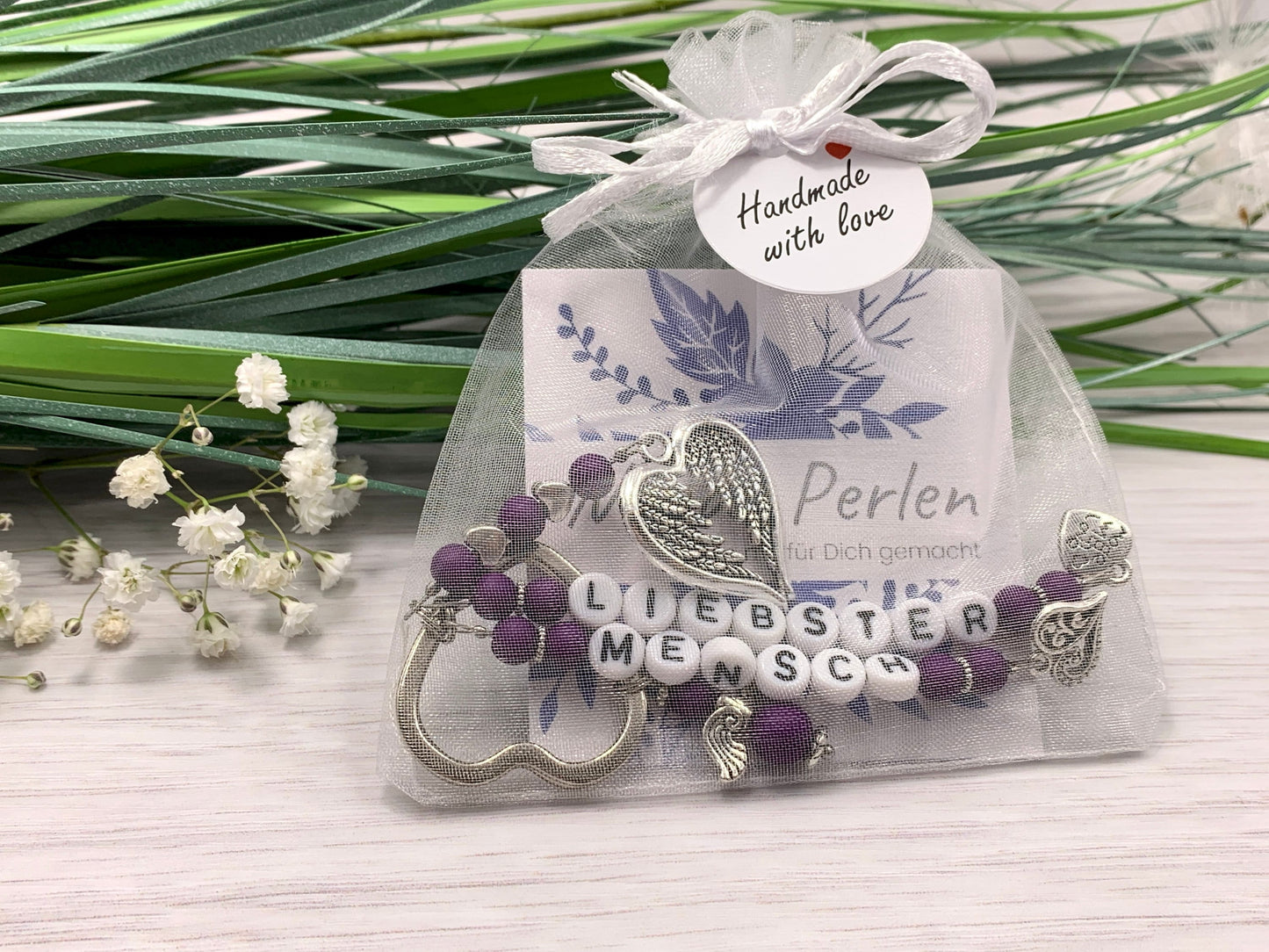 Schlüsselanhänger Liebster Mensch Perlen Acryl Purple - Geschenk Liebe Herzensmensch beste Freundin - personalisierbar - Edelsteine möglich
