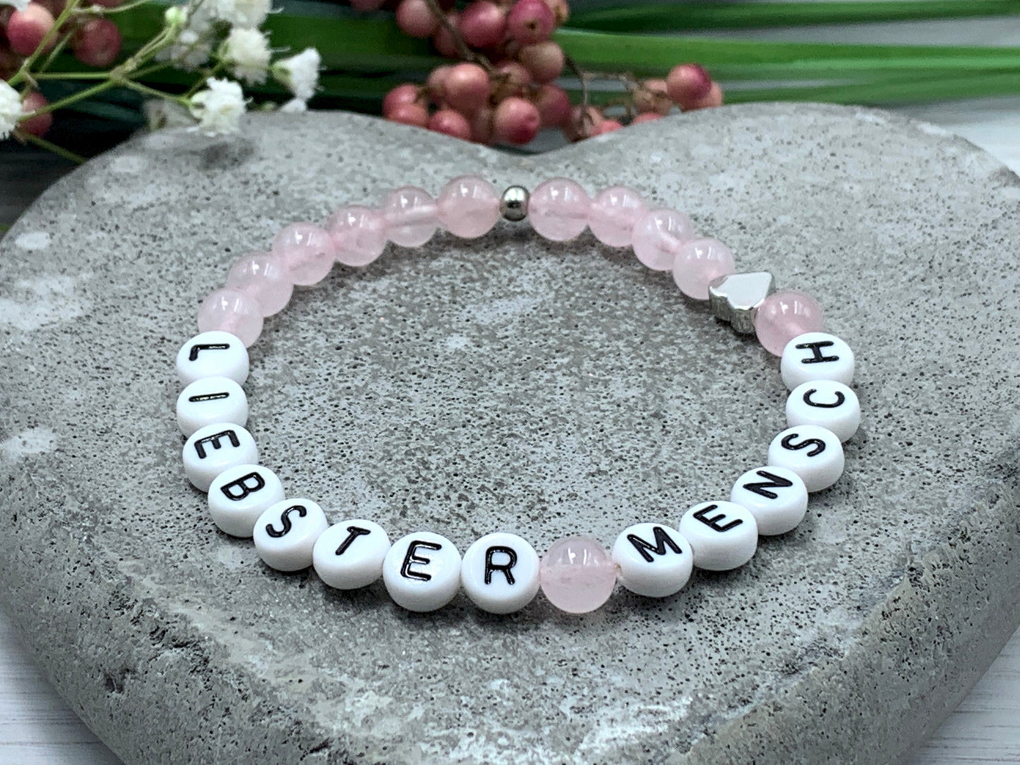 Armband Rosenquarz liebster Mensch - Herz echt platiniert - Geschenk Lieblingsmensch Liebe - Perlenarmband mit Namen - viele Edelsteine