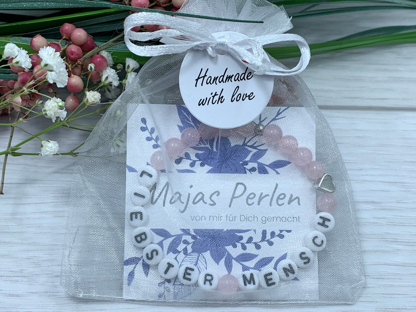 Armband Rosenquarz liebster Mensch - Herz echt platiniert - Geschenk Lieblingsmensch Liebe - Perlenarmband mit Namen - viele Edelsteine