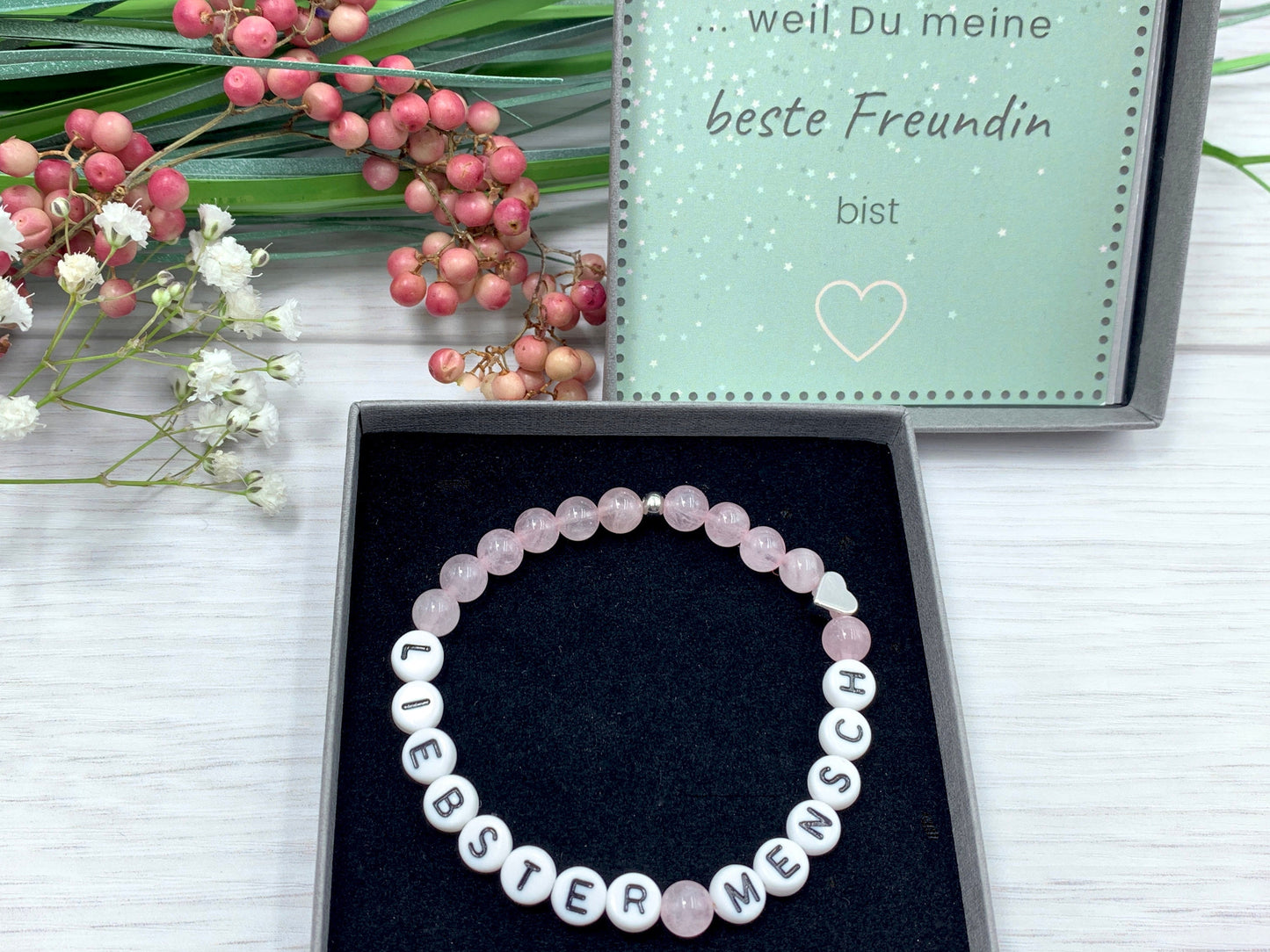 Armband Rosenquarz liebster Mensch - Herz echt platiniert - Geschenk Lieblingsmensch Liebe - Perlenarmband mit Namen - viele Edelsteine