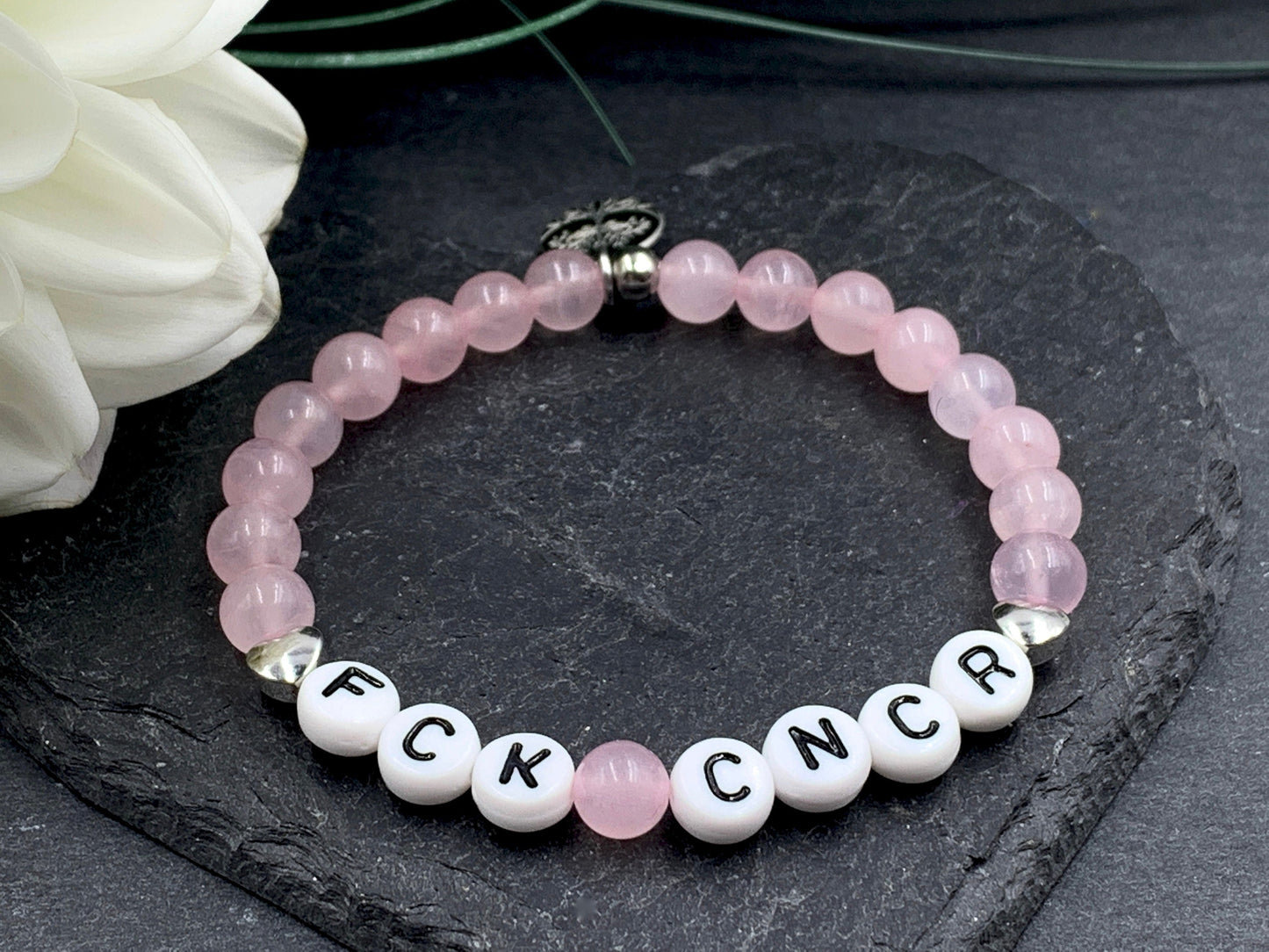 Armband Fuck Cancer Rosenquarz Herz Platiniert - Geschenk Aufmunterung Diagnose Krebs - Genesungswunsch - viele Edelsteine personalisierbar
