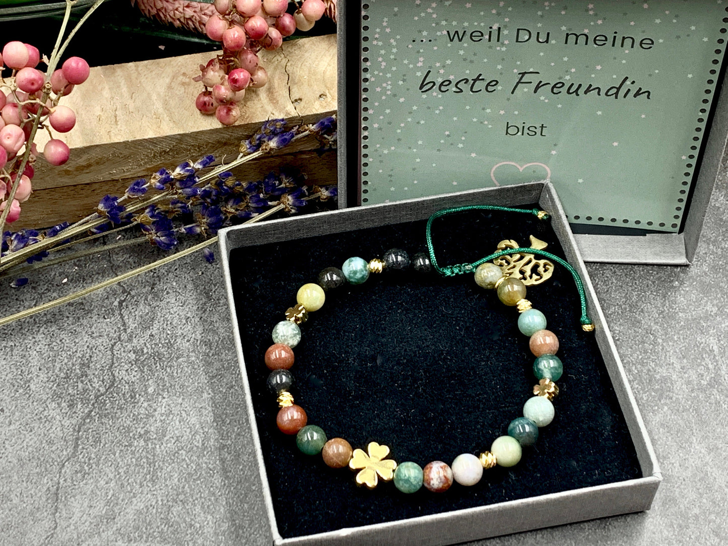 Armband Indischer Achat Glücksklee Messing Vergoldet Makramee - Perlenarmband Natursteine echt - Geschenk Lieblingsmensch beste Freundin