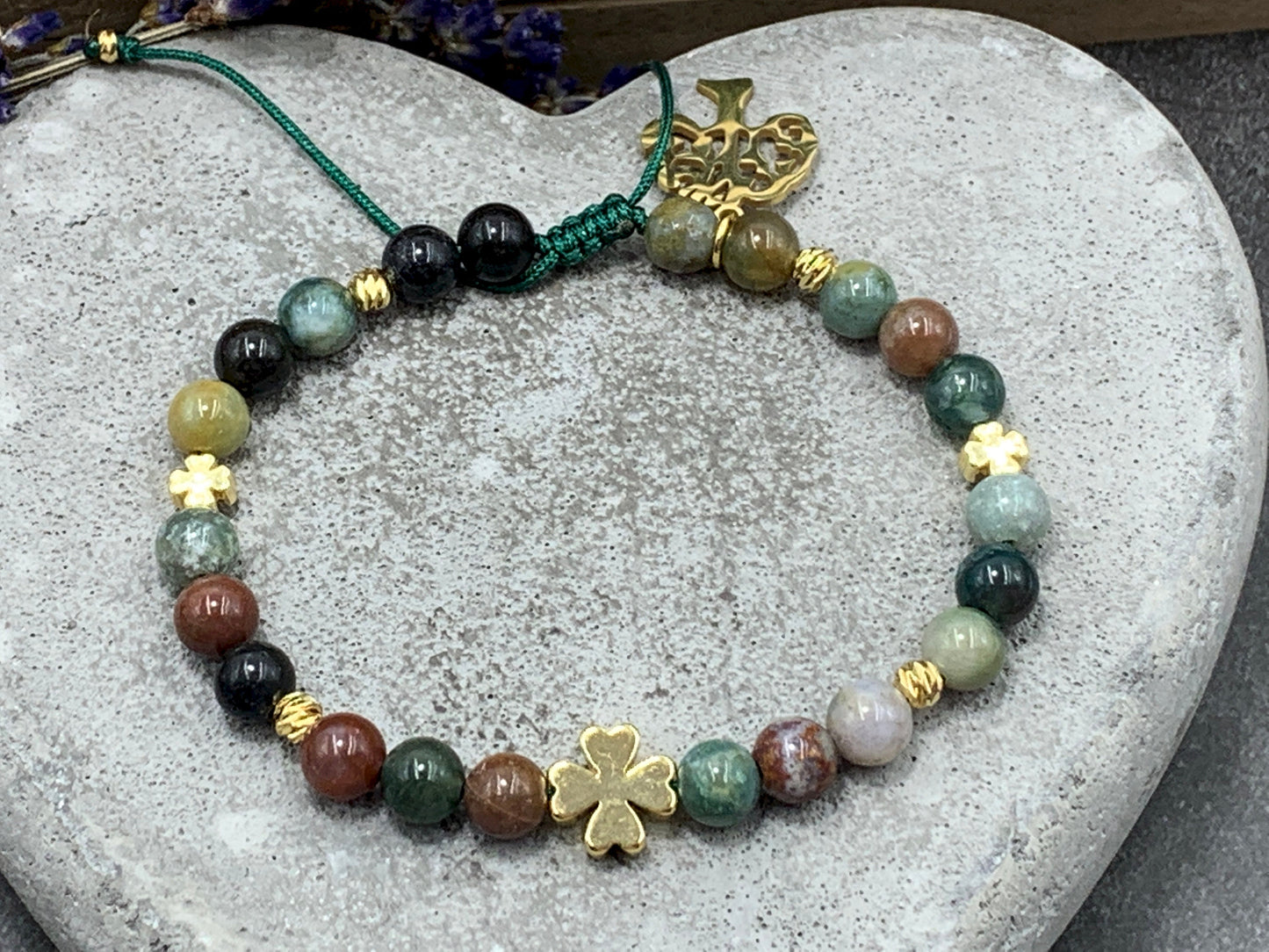 Armband Indischer Achat Glücksklee Messing Vergoldet Makramee - Perlenarmband Natursteine echt - Geschenk Lieblingsmensch beste Freundin