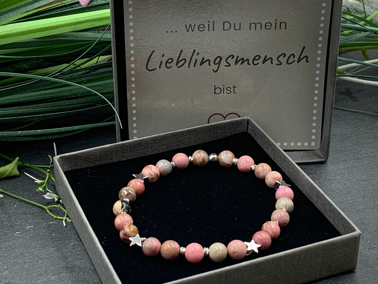 Armband Rhodonit Sterne Daisyperlen echt platiniert - Geschenk Liebe Glück Lieblingsmensch - echte Natursteine - diverse Edelsteine