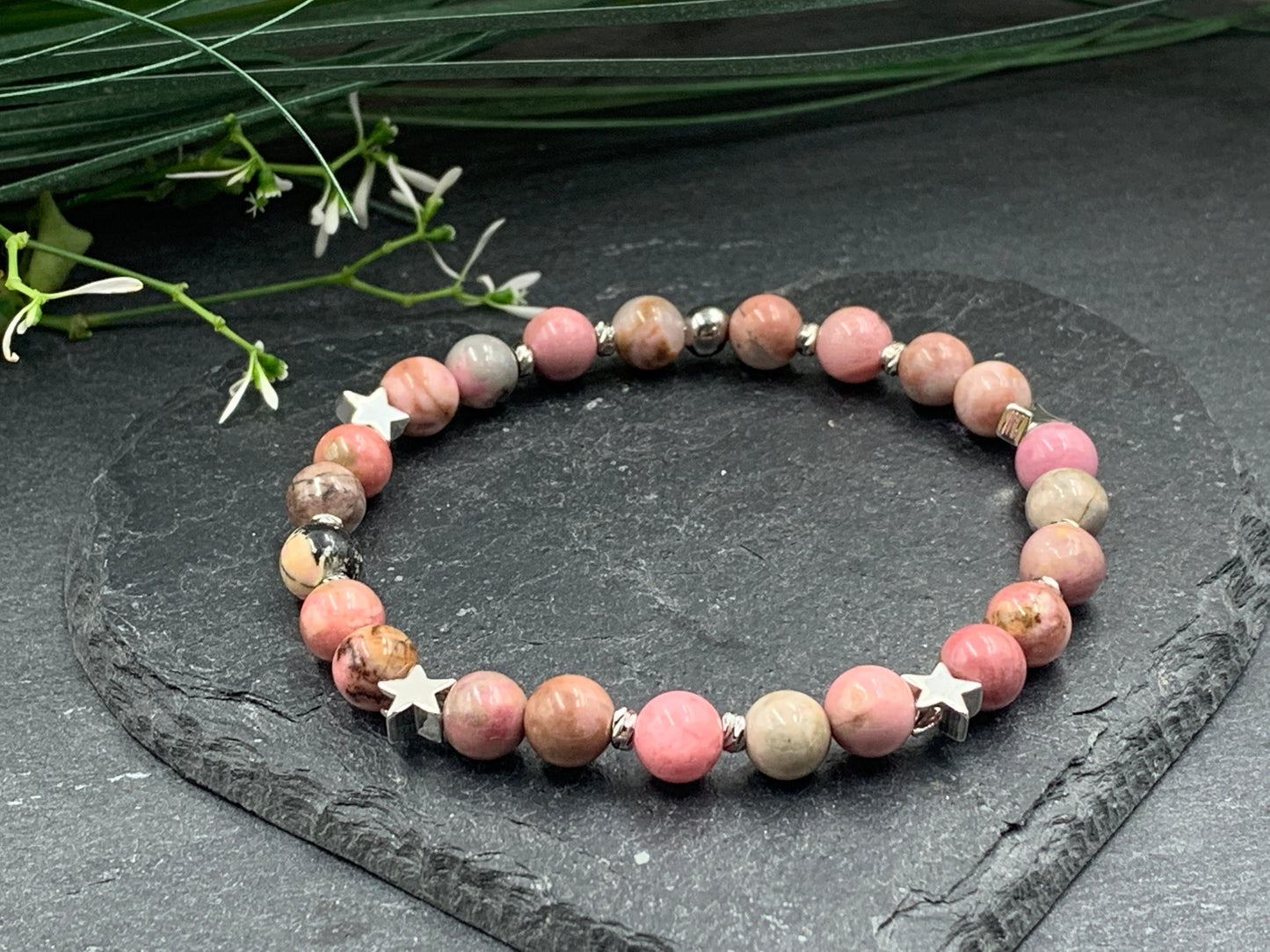 Armband Rhodonit Sterne Daisyperlen echt platiniert - Geschenk Liebe Glück Lieblingsmensch - echte Natursteine - diverse Edelsteine
