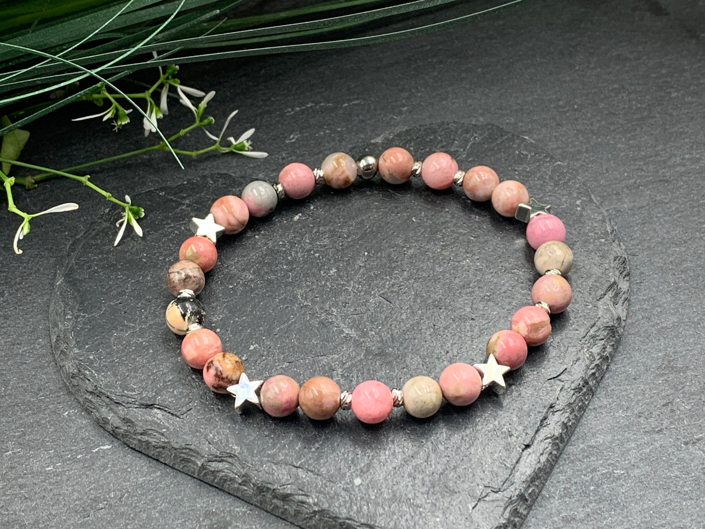Armband Rhodonit Sterne Daisyperlen echt platiniert - Geschenk Liebe Glück Lieblingsmensch - echte Natursteine - diverse Edelsteine