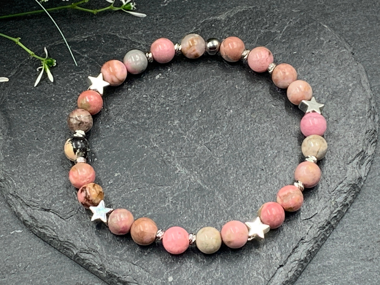 Armband Rhodonit Sterne Daisyperlen echt platiniert - Geschenk Liebe Glück Lieblingsmensch - echte Natursteine - diverse Edelsteine