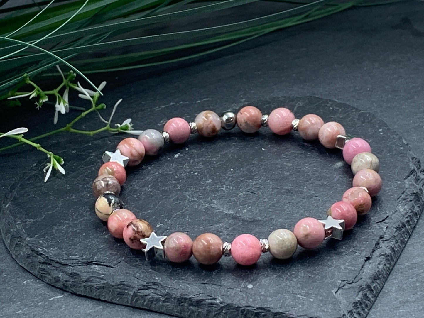 Armband Rhodonit Sterne Daisyperlen echt platiniert - Geschenk Liebe Glück Lieblingsmensch - echte Natursteine - diverse Edelsteine