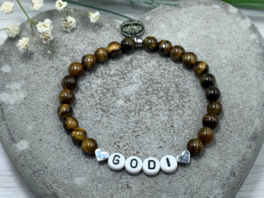 Armband Godi Tigerauge Herz platiniert - Andenken Armband Taufe Taufgeschenk Frage Patentante Patenschaft - personalisierbar Wunschedelstein