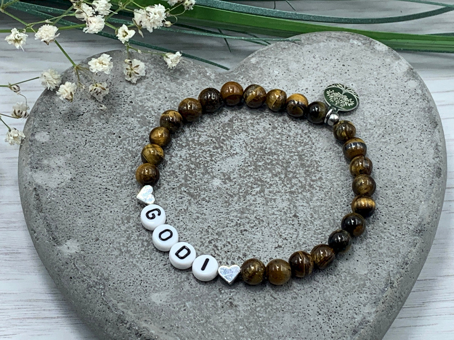 Armband Godi Tigerauge Herz platiniert - Andenken Armband Taufe Taufgeschenk Frage Patentante Patenschaft - personalisierbar Wunschedelstein