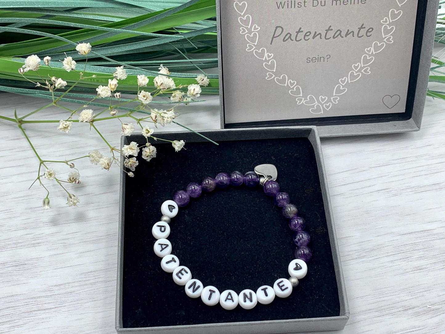 Armband Patentante Amethyst - Geschenk für Patin Patenschaft Andenken an Taufe Taufgeschenk - viele Edelsteine - personalisierbar