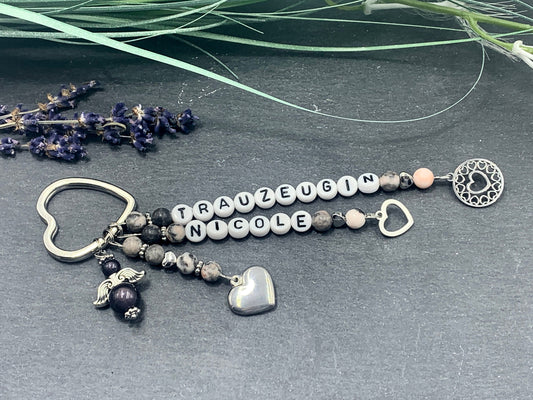 Schlüsselanhänger Trauzeugin und Name Zebra Jaspis echt - Herzen platiniert  - Geschenk Brautjungfer Team Braut - Edelstein wählbar