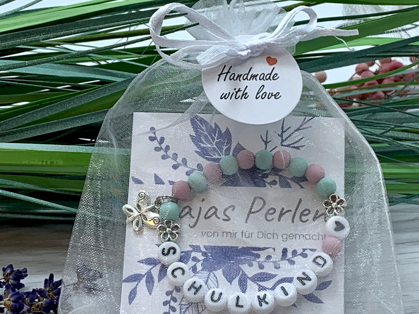 Armband Schulkind Türkis Fliederrosa Acryl - Geschenk Einschulung erster Schultag Geschenk Mädchen - viele Farben - personalisierbar