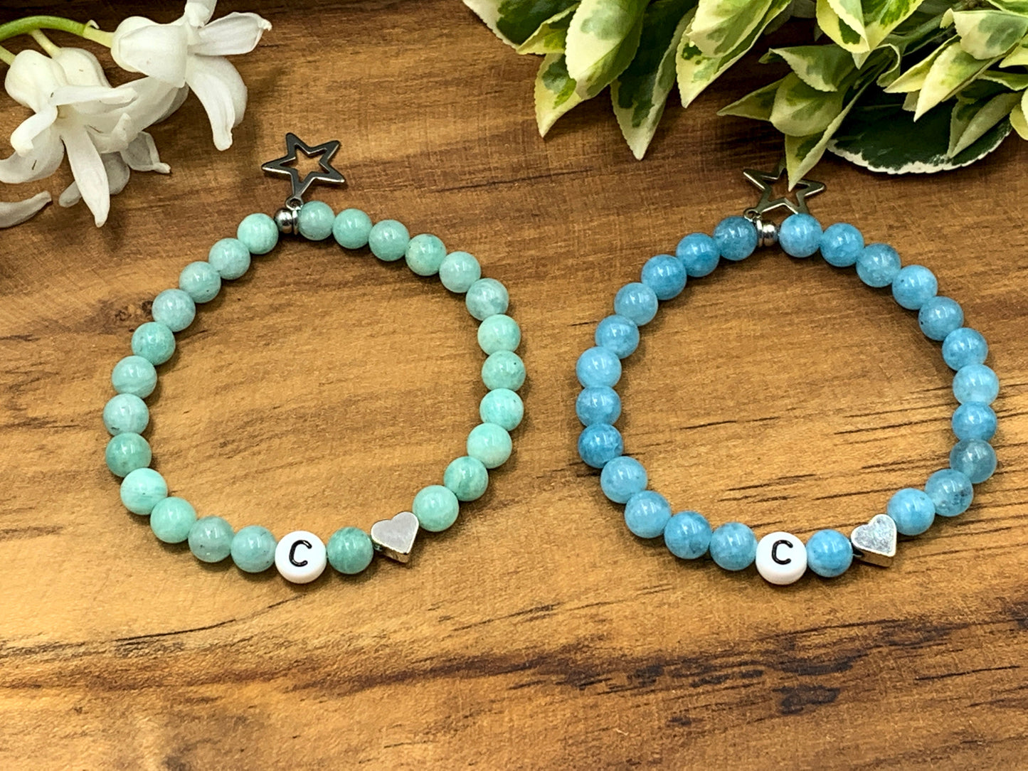 Armband Initialen Aquamarin echte Naturperlen Herz platiniert - Namensarmband Geschenk Freundin Mama Lieblingsmensch - personalisierbar