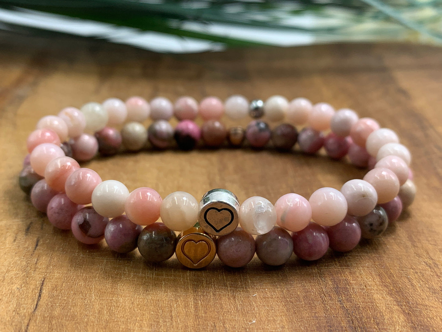 Armband Rosa Opal echter Naturstein mit Herz DQ - Silber Gold Roségold Gunmetal - spirituelles Armband - Geschenk Liebe Glück Freundin