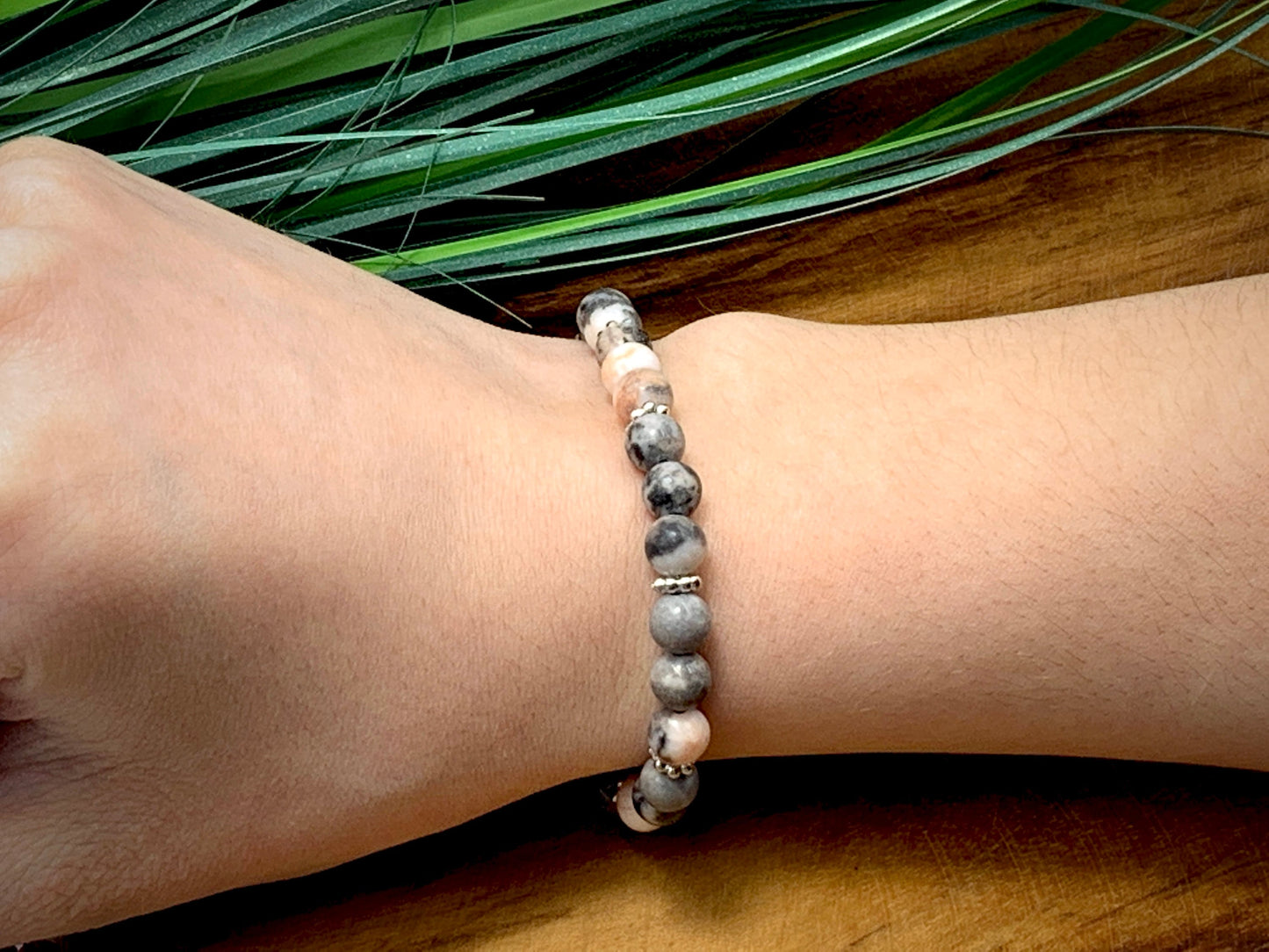 Armband Zebra Jaspis Daisyperlen echt platiniert - Geschenk Damen Perlenarmband Lieblingsmensch - Edelstein wählbar