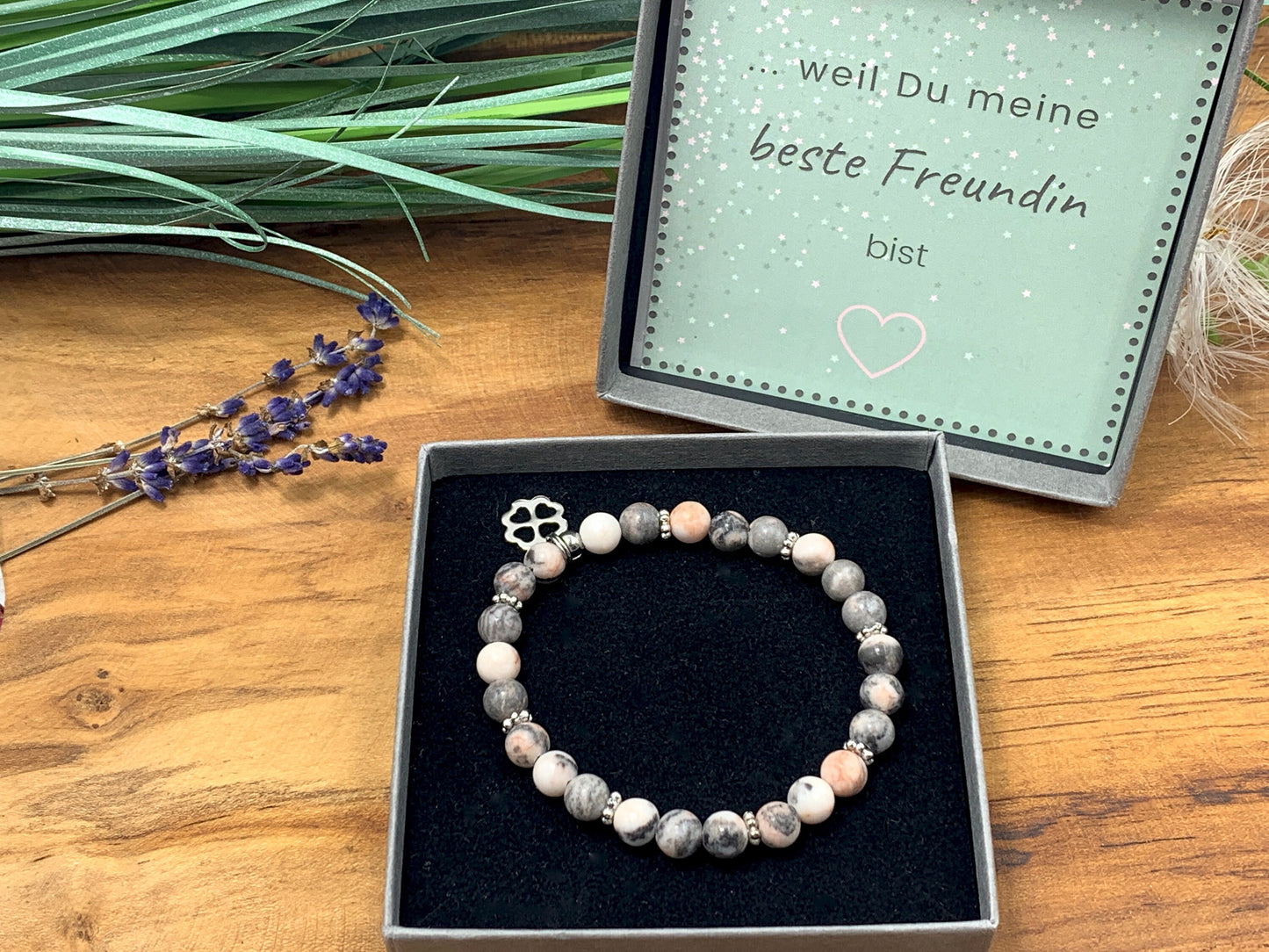 Armband Zebra Jaspis Daisyperlen echt platiniert - Geschenk Damen Perlenarmband Lieblingsmensch - Edelstein wählbar