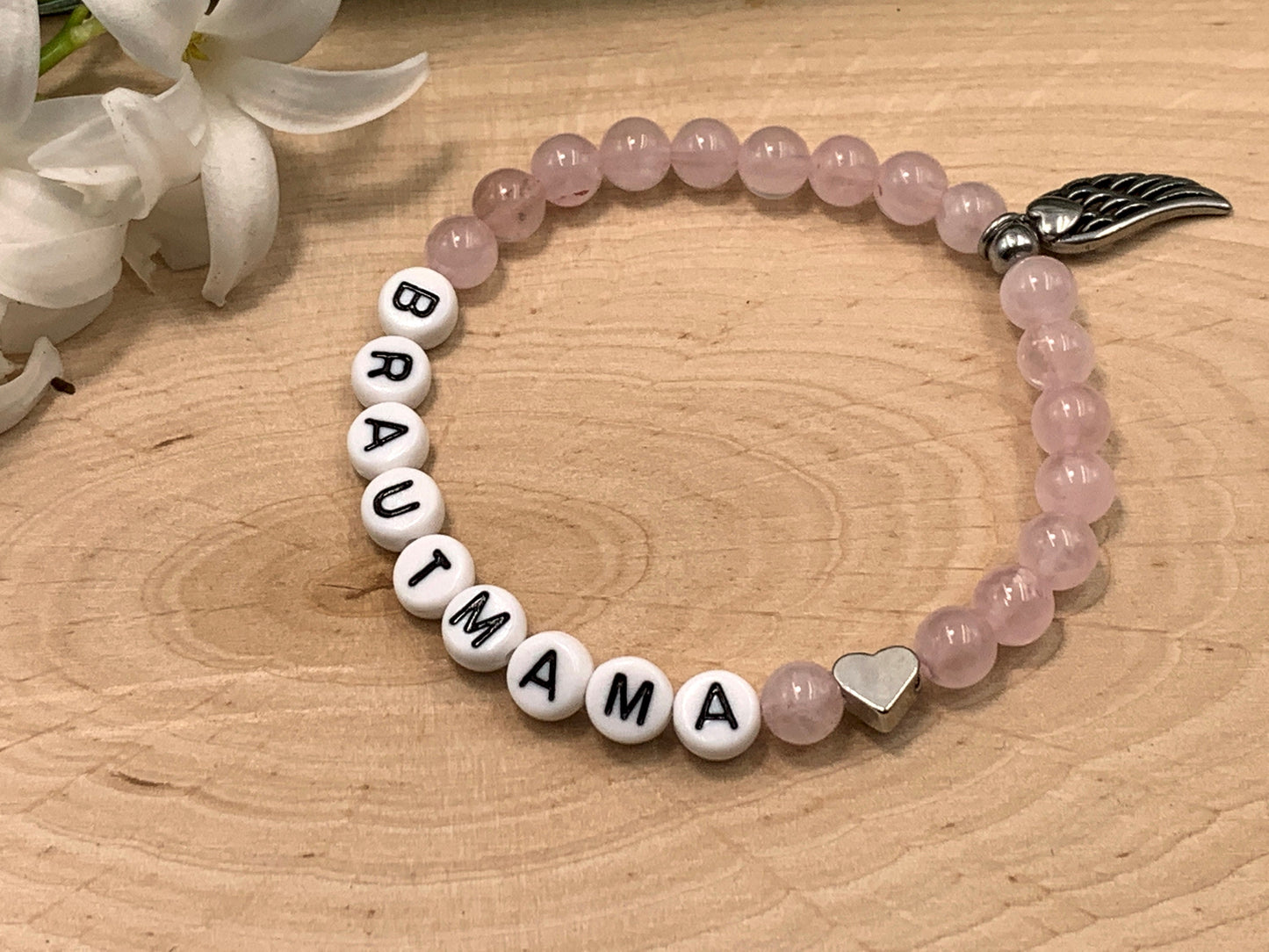 Armband Brautmama Rosenquarz Herz Platiniert - Geschenk Mutter der Braut Brautmutter Bräutigammutter - diverse Edelsteine personalisierbar