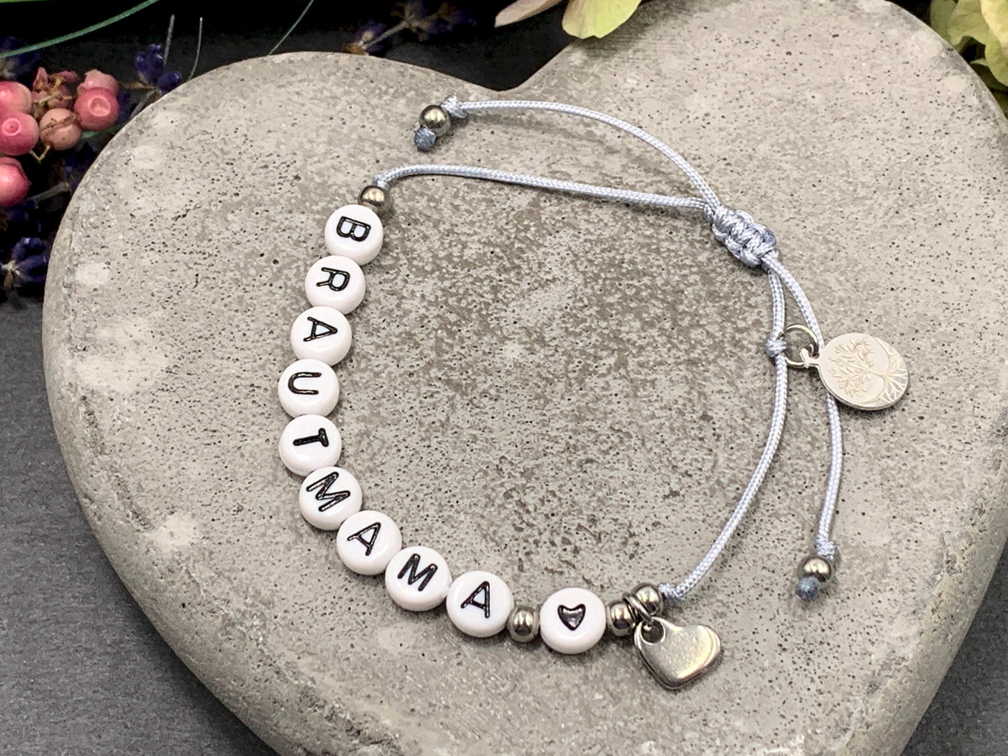 Armband Makramee Brautmama Silbergrau Perlen Edelstahl - Größe einstellbar - Geschenk Bräutigammutter JGA heiraten Trauzeugin - viele Farben