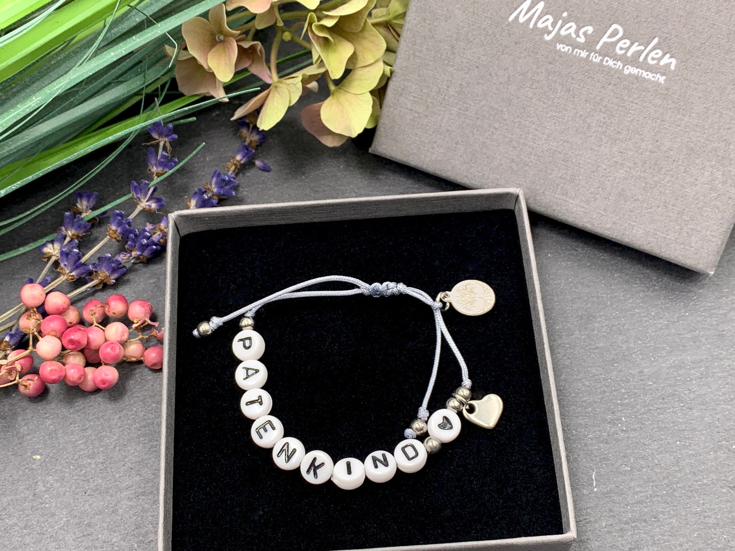 Armband Makramee Patenkind Silbergrau - Geschenk zur Taufe Taufgeschenk Patenschaft Erinnerungsarmband - Wunschfarbe personalisierbar
