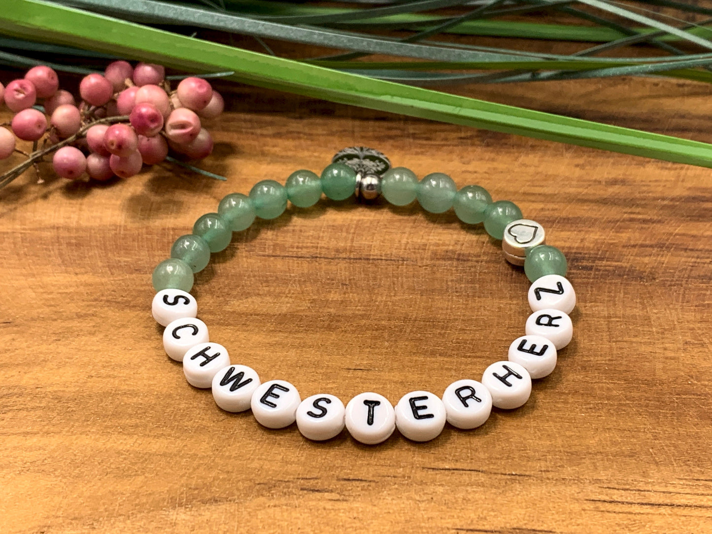 Armband Schwesterherz Aventurin mit DQ Herz - Geschenk Geschwisterkind Bruderherz Seelenschwester -  diverse Edelsteine - personalisierbar