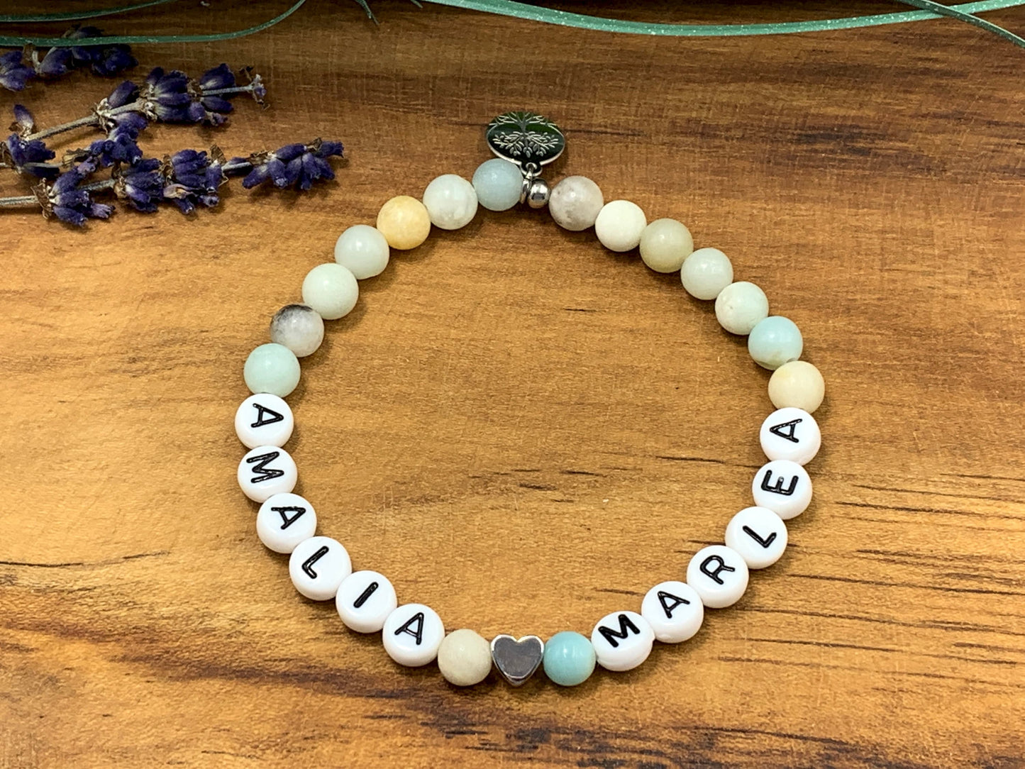 Armband Namen der Kinder Amazonit Herz platiniert -  Namensarmband Geschenk zur Geburt oder Taufe -  personalisierbar diverse Edelsteine Edelstein nach Wahl - Handmade personalisierbar