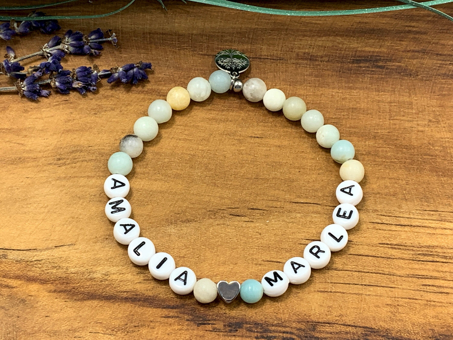 Armband Namen der Kinder Amazonit Herz platiniert -  Namensarmband Geschenk zur Geburt oder Taufe -  personalisierbar diverse Edelsteine Edelstein nach Wahl - Handmade personalisierbar