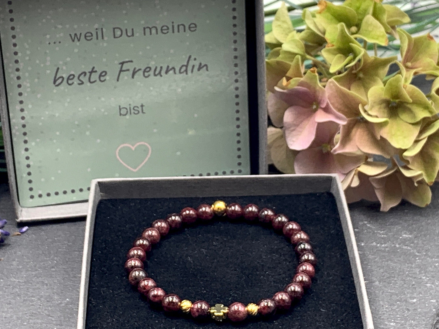 Perlenarmband Granat Herz Vergoldet - Armband Naturstein echt - Geschenk Lieblingsmensch Freundin - diverse Edelsteine - personalisierbar